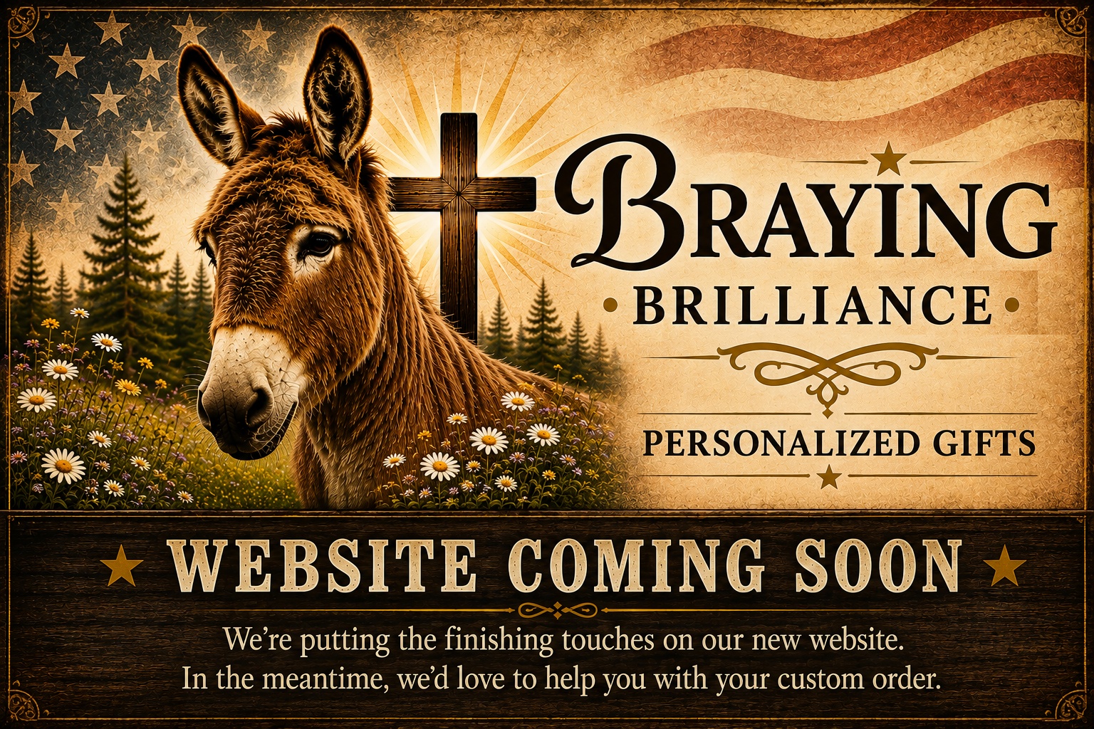 Braying Brilliance personalized gifts featuring a donkey, cross, American flag and wildflowers